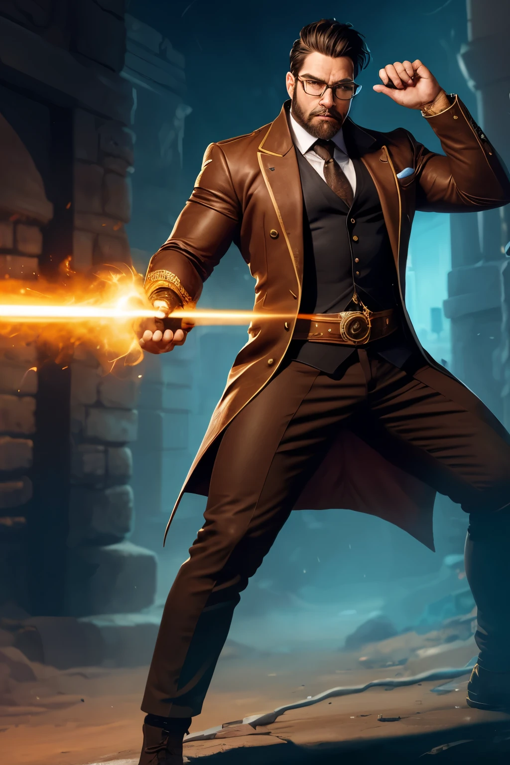 draw a robust and strong ancient hero with a big black beard, a stylish black suit, he has technological powers and wears glasses, he is a great master of technology