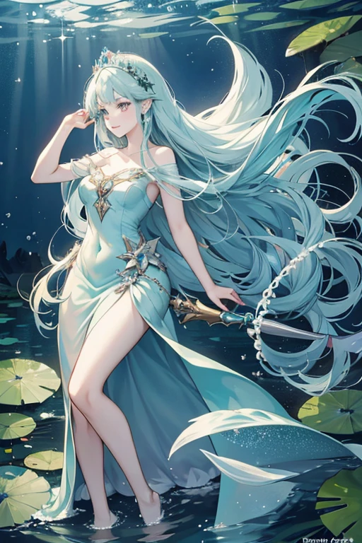 She has long hair that seems to resemble seaweed. The base of her gown looks like a mermaids tail, and has bare feet poking out from the bottom of her dress. She also wears what seems to be a water lily tiara with pearls to show her royal status. She has very pale blue skin and knife-like teeth, like Lamprey Princess'. SPARKLE; GLITTER