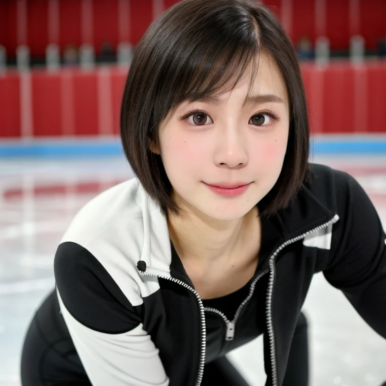 (kawaii 24 year-old Japanese girl, Nogizaka idol, Korean idol), healthy female athlete, figure skater, (glossy black hair, messy very short hair, messy pixie cut, symmetric hair length, even length hair edges:1.3), (bangs), (rounded face, black eyes, single eyelid, no makeup, soft smiling:1.2), (wearing long sleeved black training half zip tops:1.3), (flat chest, extra small breasts:0.8), black sports leggings, (looking at viewer:1.2), BREAK, (ice skate arena background:1.3), (dynamic angle:1.3), face focus, BREAK, (masterpiece, best quality, photo realistic, official art:1.4), (UHD, 8K quality wallpaper, high resolution, raw photo, golden ratio:1.2), (shiny skin), professional lighting, physically based rendering, award winning, (perfect anatomy, highly detailed skin, extremely detailed face and eyes), Carl Zeiss 300 mm F/2.8, depth of field, 1girl, solo,