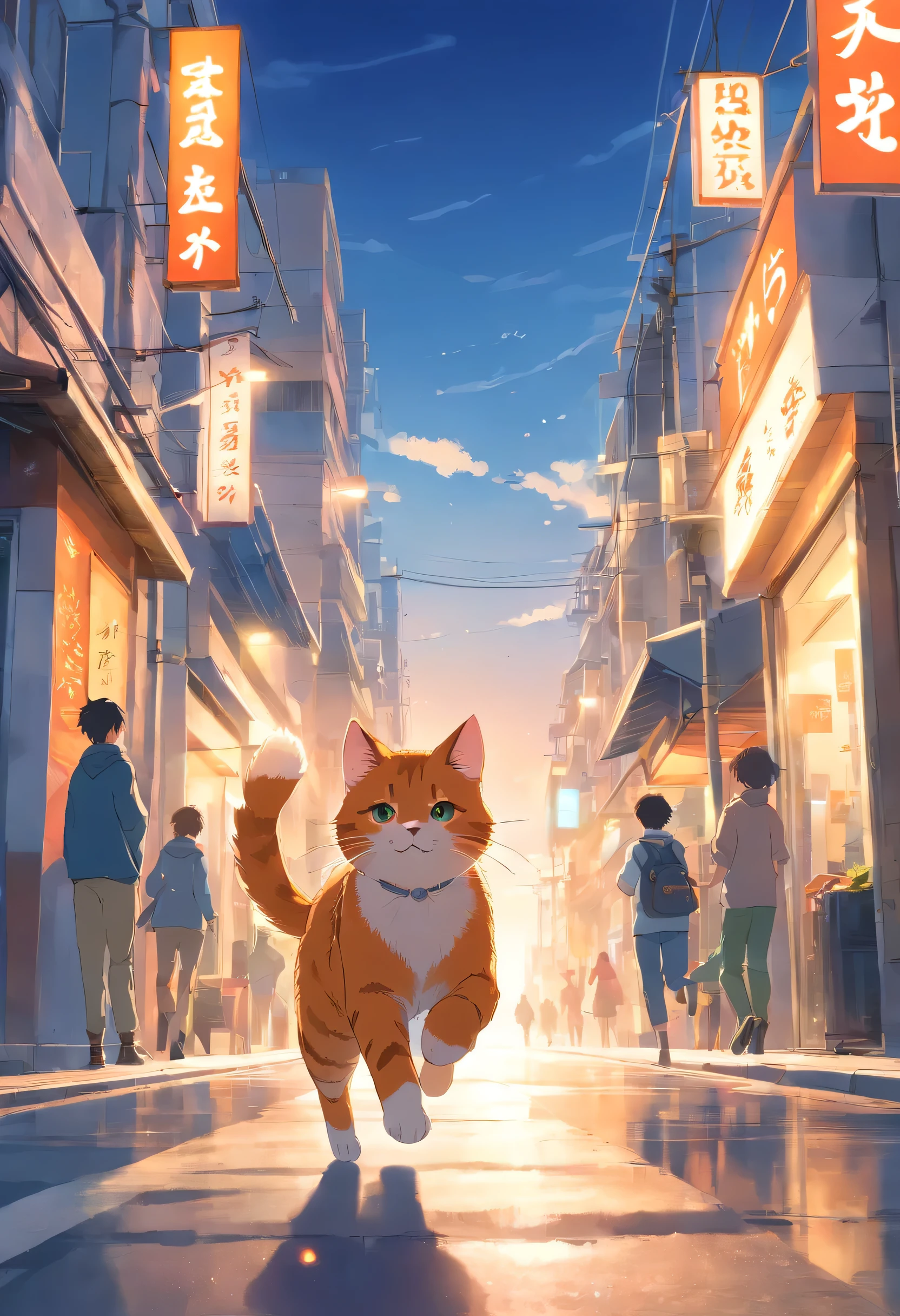 there is a cat running down a street with people walking around, running cat, ginger cat in mid action, running fast towards the camera, running towards the camera, running towards camera, ginger cat, shutterstock, cat is floating in air, awesome cat, running freely, cat photography, orange cat, happy cat, shutterstock contest winner, leaping towards viewer