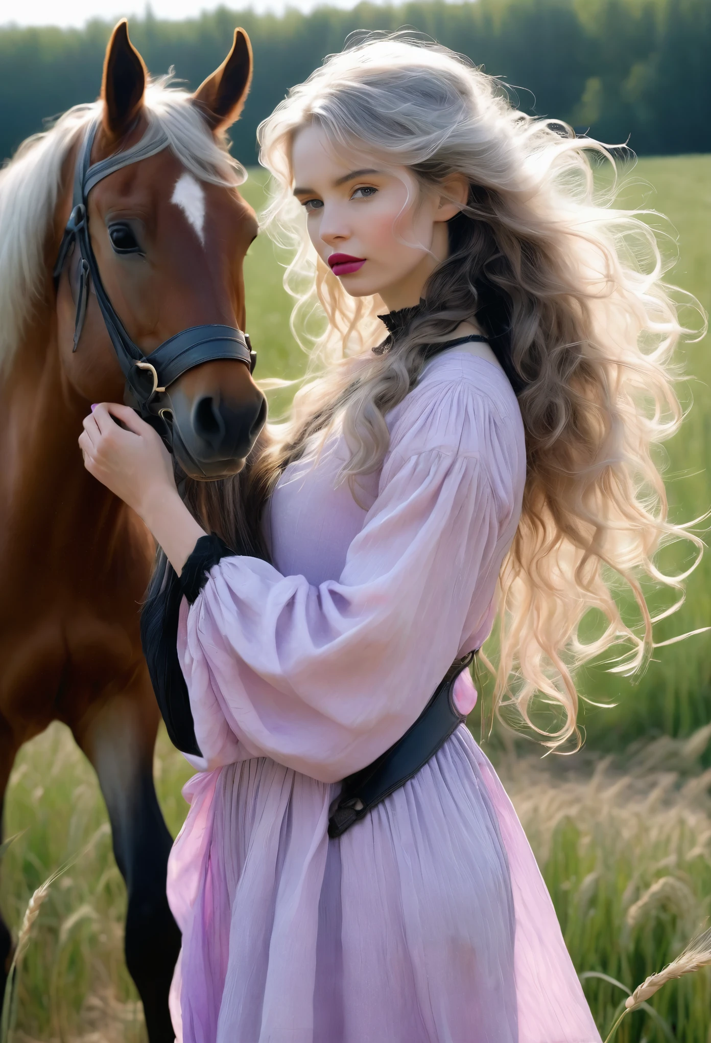 Realism, dark fantasy style, John Tolkien style, Small painting by Jean-Baptiste Monge, Soft facial features,Rocker girl hugging a horse'neck, Human Hand, Very clear, Without flaws, five fingers, with bright makeup, Modern style, a little full, fat, slight excess weight, Average height, dark pink lips, lip shape"bow" ,"Cool eyebrows in the shape of Angryburts, light gray eyes, large almond-shaped eyes, looking at away, black long wavy hair, hair blowing in wind ,In an airy lilac dress, In sandals..., Standing next to a horse, early morning, Wheat field, Jean-Baptiste Monge, anthropomorphic --ar 2:3 --testp -optimistic;
