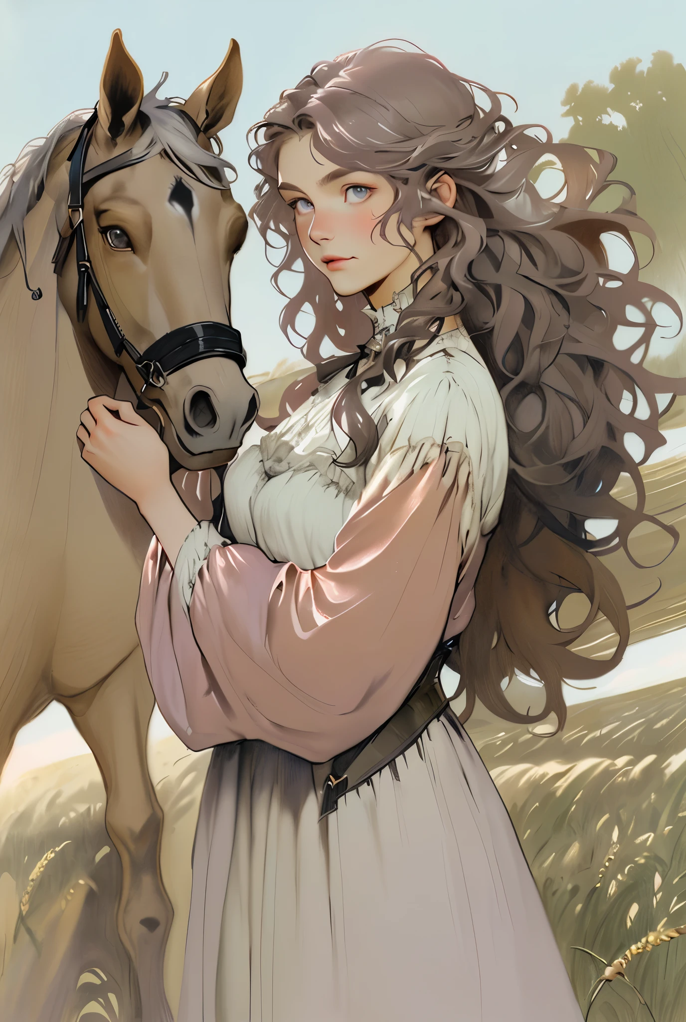 Realism, dark fantasy style, John Tolkien style, Small painting by Jean-Baptiste Monge, Soft  features,Rocker girl hugging a horse'neck, Human Hand, Very clear, Without flaws, five fingers, with bright makeup, Modern style, a little full, fat, slight excess weight, Average height, dark pink lips,  lip shape"bow" ,"Cool eyebrows in the shape of Angryburts, light gray eyes, large almond-shaped eyes, looking at away, black long wavy hair,  hair blowing in wind ,In an airy lilac dress, In sandals..., Standing next to a horse, early morning, Wheat field, Jean-Baptiste Monge, anthropomorphic --ar 2:3 --testp -optimistic;