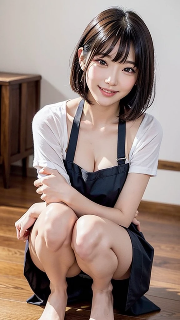Beautiful woman、1 person for Japan、Very ???? body、??????????? staring straight at the camera、???? look、Coquettish smilee、Happy smilee、A slight smile、smile、skin luster、Big eyes、eye highlights、Clear double eyelids、eyelash、long neck、beautiful short hair、glossy black hair、bangs、on a pure white background、Cafe、Please show your ears、beautiful skin quality、oil for skin、There is glitter on the skin、lotion to apply to the skin、Cafe店員、shirt、skirt、pinafore、apron、lying on the floor、、squat、beautiful feet、Thighs are ??????、bend your knees