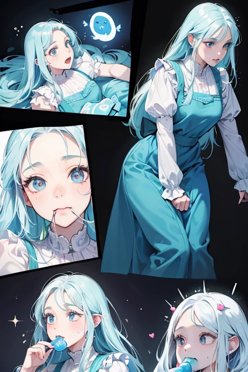 Light blue vertically curled hair、A hairstyle where the bangs are all in twin tails、Pompadour、Fair skin、Slanted Eyes、Wearing a light blue dress、a loud laugh face、aggressive、Single illustration