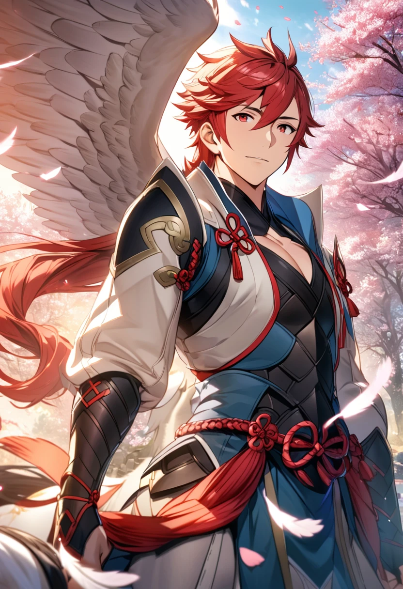Ultra detailed, highres, absurdres, HDR, Subaki, red eyes, red hair, Fire Emblem Fates, 1 man only, handsome, together with a Pegasus, petals, pink leaves, spring, white feathers,
