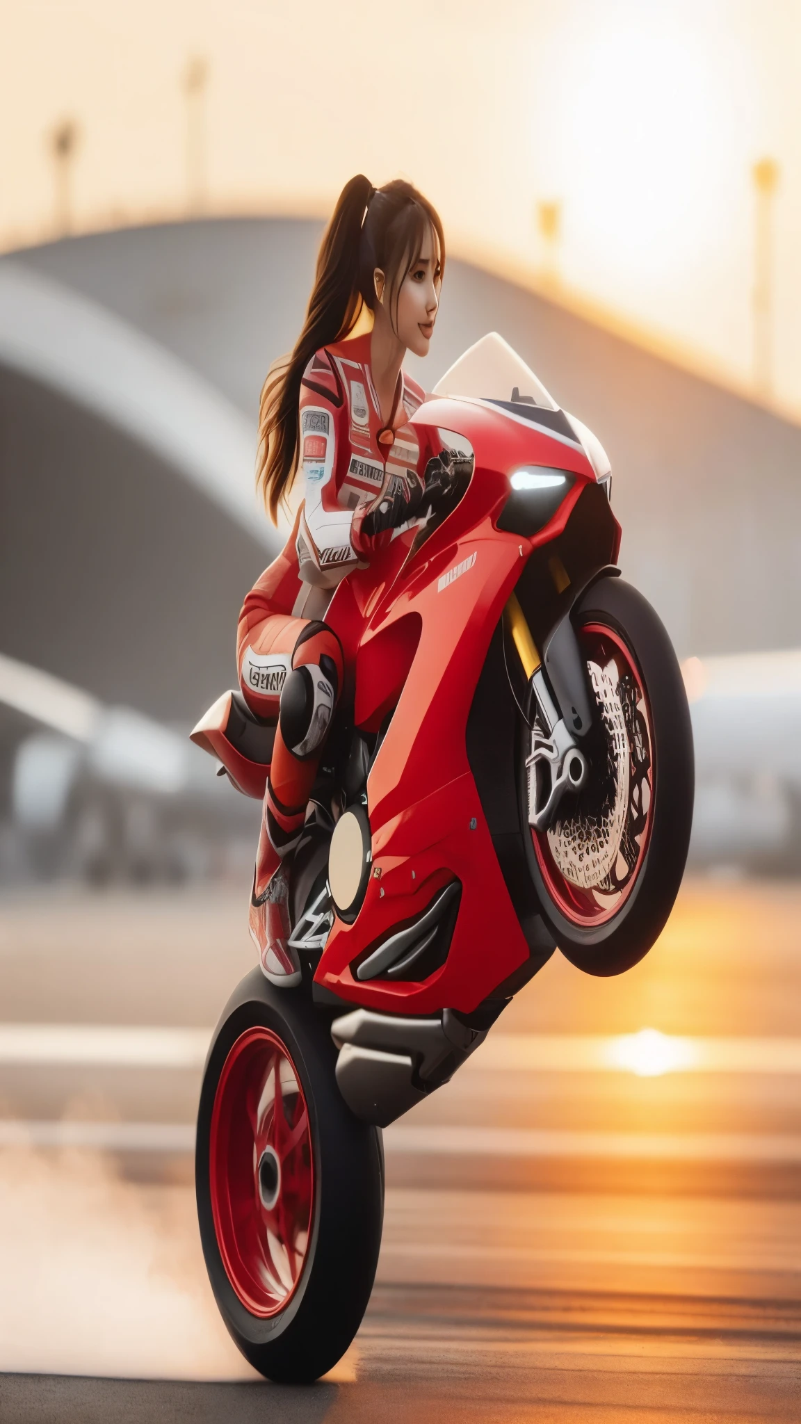 A boy wearing Peppa Pig's skirt,There's a cyberpunk motorcycle in the back - Car