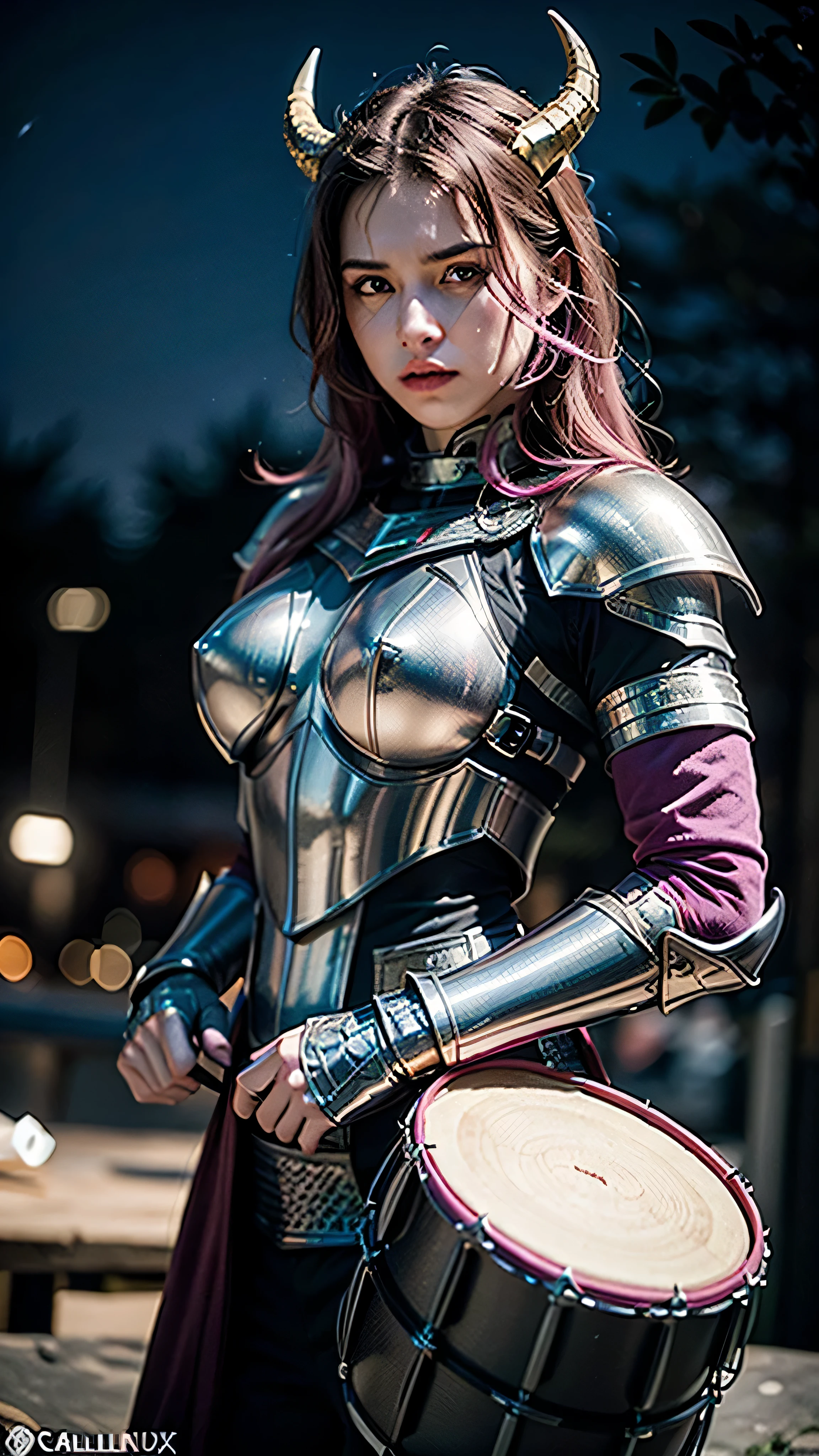 (masterpiece), (extremely intricate:1.3), (realistic), muscular masculine man ,(handsome, demon skin, Static hair, ((titanium horns, serious, drum, ((man, dude, night, dark, black hotpink scalemail breastplate, metal gauntlets))))), metal reflections, upper body, outdoors, professional photograph, detailed, sharp focus, dramatic, award winning, cinematic lighting, volumetrics dtx, (film grain, blurry background, blurry foreground, bokeh, depth of field, interaction), 8K