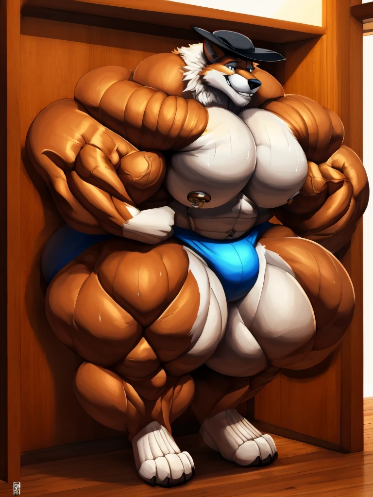 4k, high resolution, best quality, perfect lightning, perfect, solo, anthro, young, boy,white wolf:2.0, furry body, (fluffy mane:1.2), fluffy tail, male, adult, (bulky2:0, thick muscles2:0, huge muscles:2.0, hyper muscles:2.0), (thick biceps, veiny biceps, big broad veiny pecs:2.0, broad shoulders:2.0), (thick legs, thick calves:1.1), (digitigrade legs, 4 toes:1.2), perfect colors, (photorealistic fur, detailed fur, epic, masterpiece), (suggestive posing:1.2), (seductive smile, lustful grin 1.3), detailed beach,detailed wolf eyes:2.0, by k0suna, by darkgem,nipple ring,big pecs:2.0,hyper arms:2.0,veins,white body,white fur,hyper butt:2.0,hyper paws:2.0,standing,thick legs,thick butts:2.0,blue briefs,sweat body:2.0,massive butt:2.0,black hat,hyper ass:2.0,huge ass:2.0
