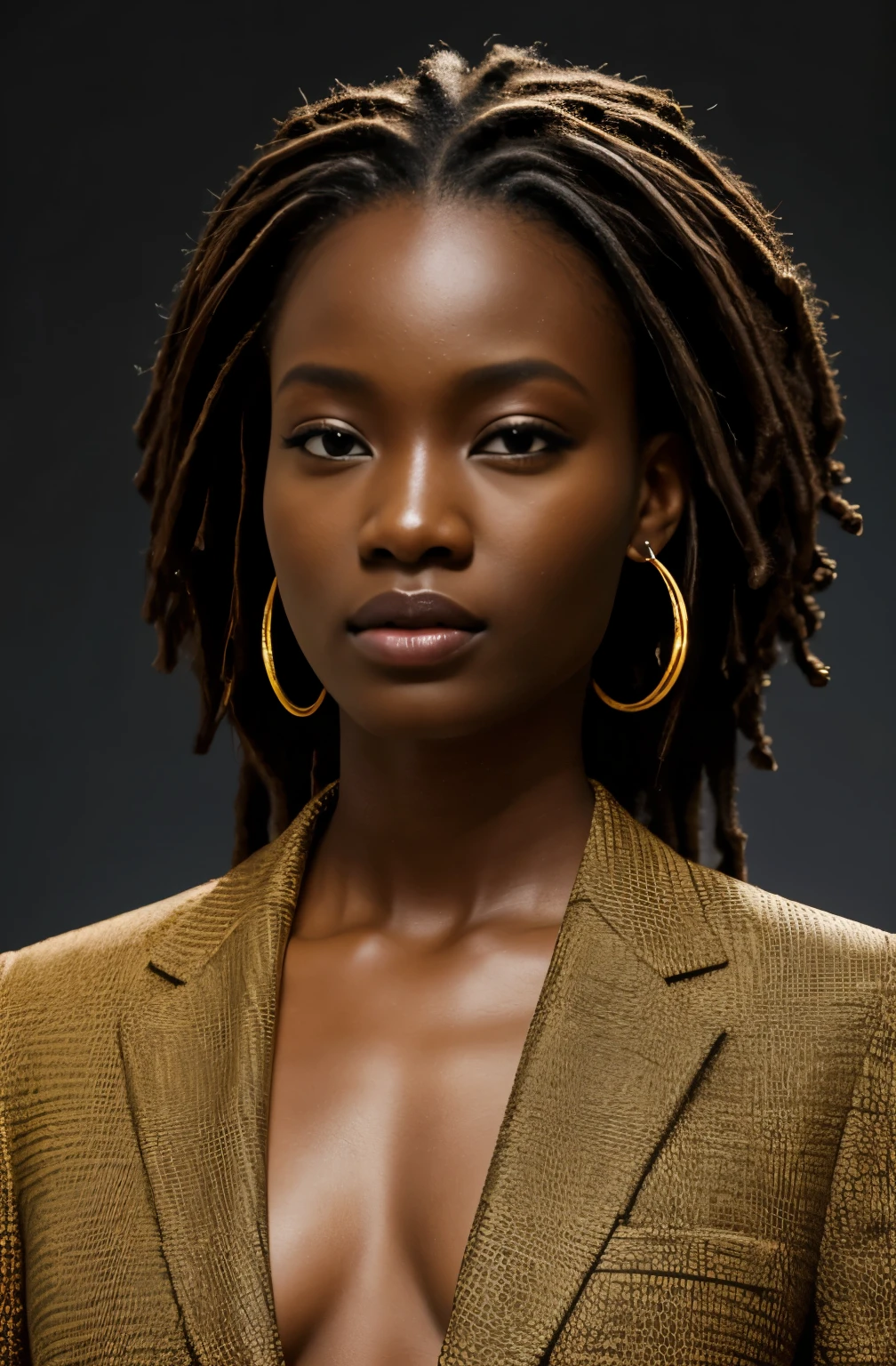 an african model ,unique hair details, Y2K Virtual Fashion, Near future, Curve details , double eyelid, simple background,Short dreadlocks,