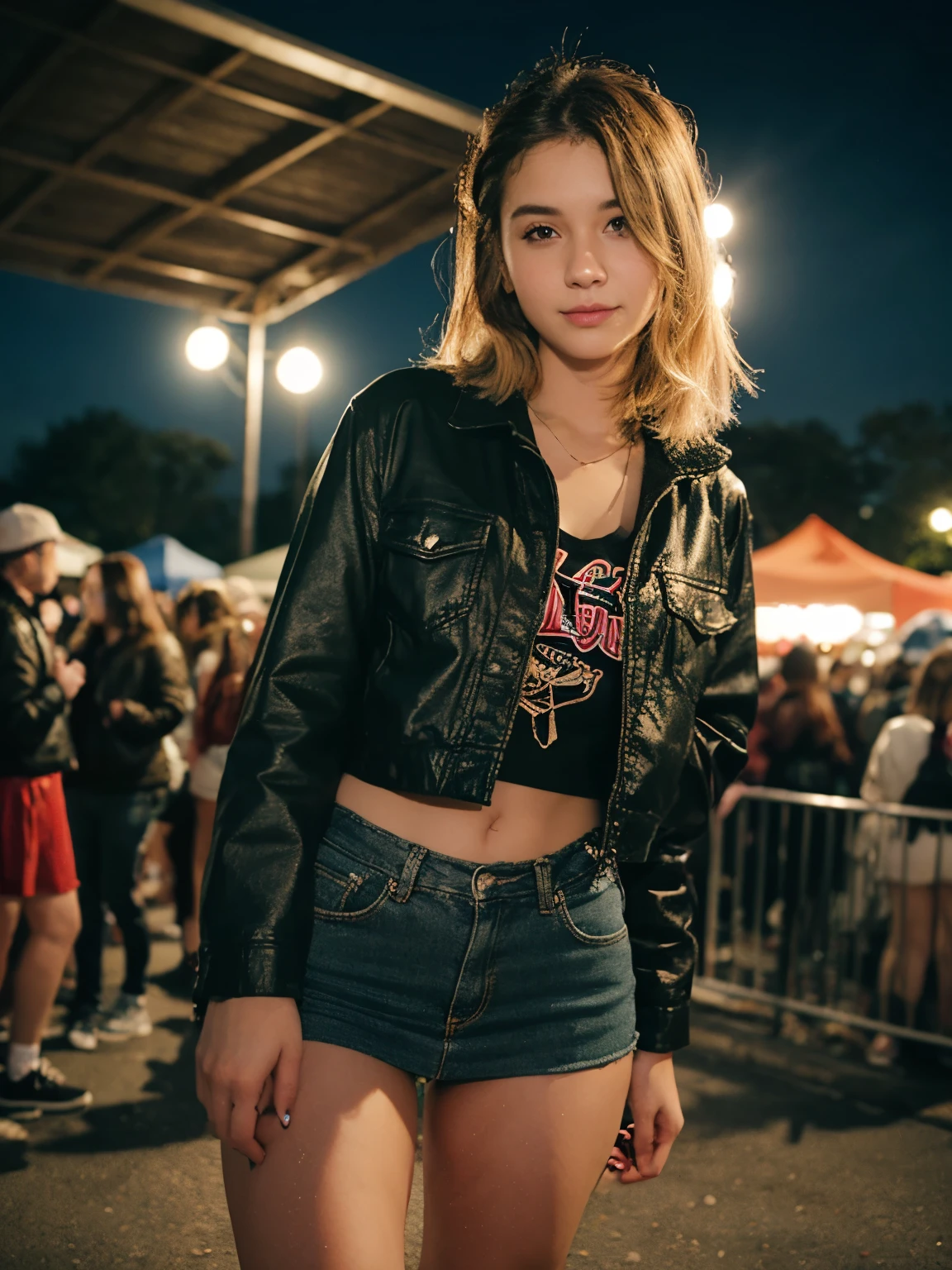 Beautiful blonde 24 years old woman, lolalove, asymmetrical hairstyle, wearing black denim jacket with metal band patches, white metal band t-shirt,  heavy metal concert, college skirt, neon lights, canon 18 mm, night, realistic portrait, highly detailed, analog style, deep cleavage, metal band playing behind her, victory sign