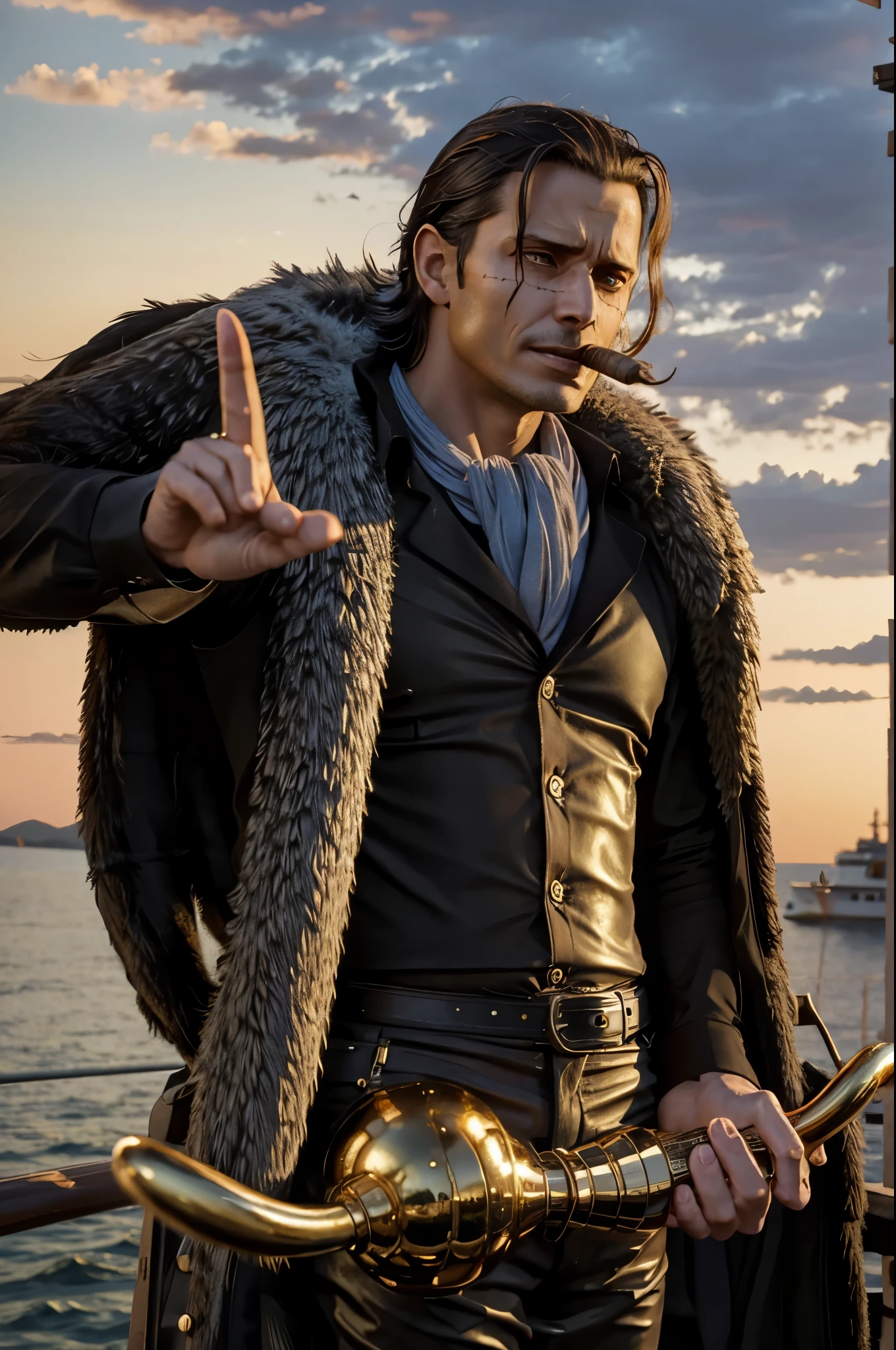 masterpiece, best quality, extremely detailed, hyperrealistic, photorealistic, a cool 40s man, ultra detailed face:1.2, fur-trimmed coat, scarf around the neck, his left hand is a golden pirate hook:1.1, cigar, on battleship, in the sunset, outraged
