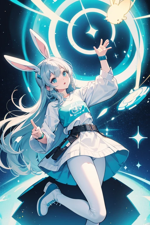 Y5 appears to be an anthropomorphic humanoid rabbit with pale blue fur. Her eyes are rather unique, being white circles with a black outline on the upper half, but no outline on the lower half. She is usually seen wearing a yellow t-shirt, but in one shot she is seen wearing a white sweatshirt. She wears black leggings and teal blue boots with darker blue lines on them and white soles. She is also seen wearing a blue wristband on her left wrist with a bunny symbol on the front. SPARKLE; GLITTER