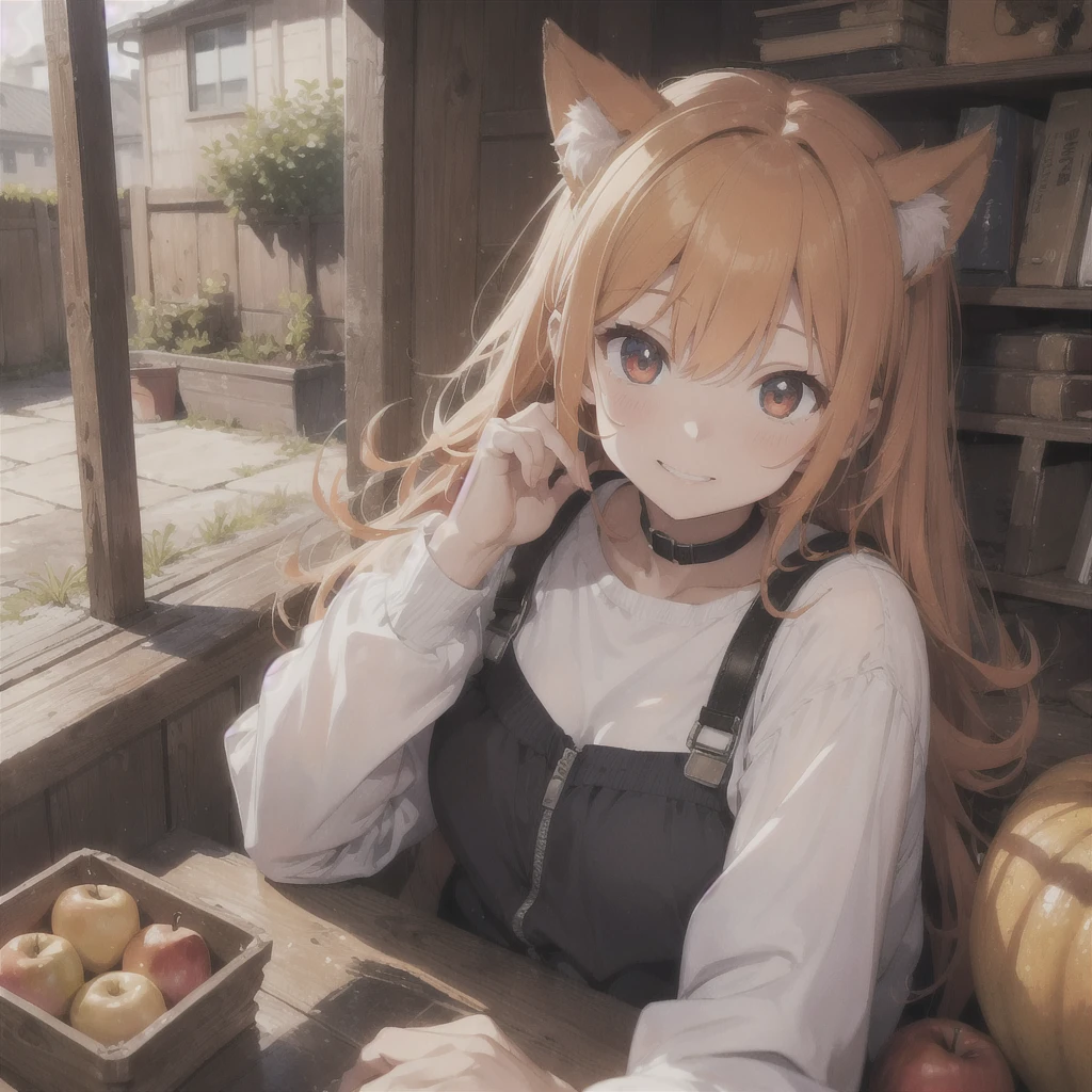 (best quality:1.2), (ultra detailed:1.2), ultra high resolusion, highres,8k, Country roads, wheat fields, hoodless horse-drawn carriage, "Spice and Wolf", Holo lying on a heap of apples piled up on a loading platform, grin, orange hair, long hair, wolf ears, bushy wolf tail, afternoon, and a little apple left with only a core,