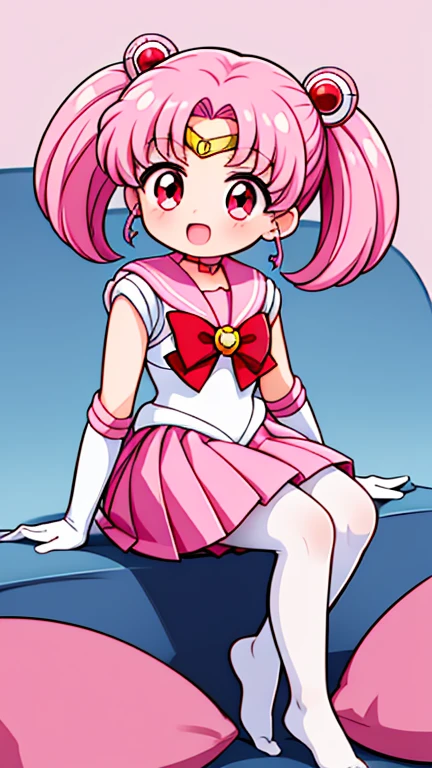 Sailor Moon,childhood,Young,Seven years old,Cute little ,Pink hair twintails,red eyes,short hair,Sailor suit,bow tie,White elbow gloves,Red Skirt,sitting,no shoes,Open your mouth,laughing out loud,white pantyhose