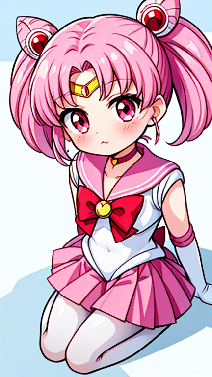 Sailor Moon,childhood,Young,Seven ,Cute little loli,Pink hair twintails,red eyes,short hair,Sailor suit,bow tie,White elbow gloves,Red Skirt,sitting,no shoes,Pout,white pantyhose
