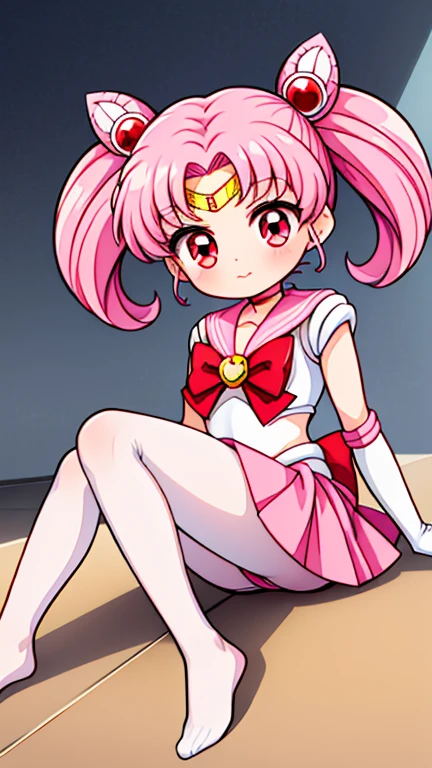 Sailor Moon,childhood,Young,Seven ,Cute little loli,Pink hair twintails,red eyes,short hair,Sailor suit,bow tie,White elbow gloves,Red Skirt,sitting,no shoes,Pout,white pantyhose