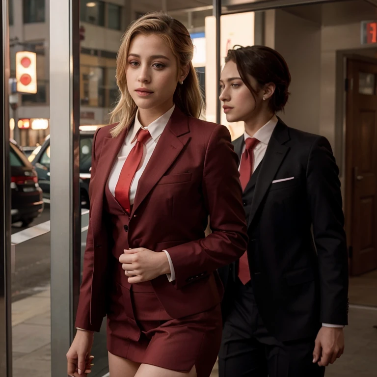 Lili Reinhart dressed in a suit and red tie