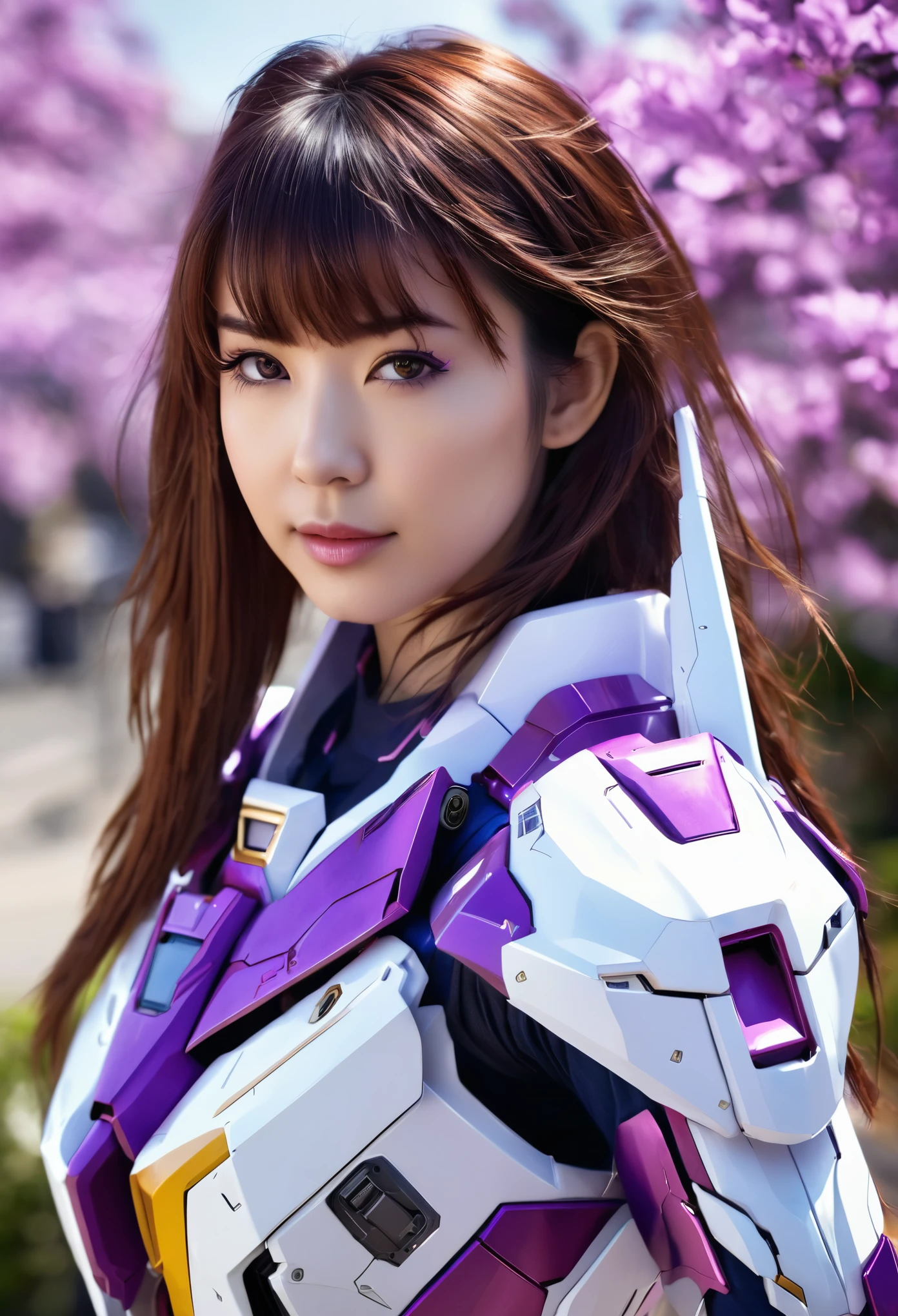 RAW, Masterpiece, Ultra Fine Photo,, Best Quality, Ultra High Resolution, Photorealistic, Sunlight, Full Body Portrait, Stunningly Beautiful,, Dynamic Poses, Delicate Face, Vibrant Eyes, a full body of a woman in a purple and white gundam custume, dybamic pose, long brown very very long hair rapunzel, girl in mecha cyber armor, portrait armored astronaut girl, d. va from overwatch, female mecha, on a gundam, gundam head, chiho aoshima color scheme, mobile suit, streamlined purple armor, fully robotic!! girl, realistic cosplay, gundam armor (dynamic pose) (best cameraview), full body, sit down, full body