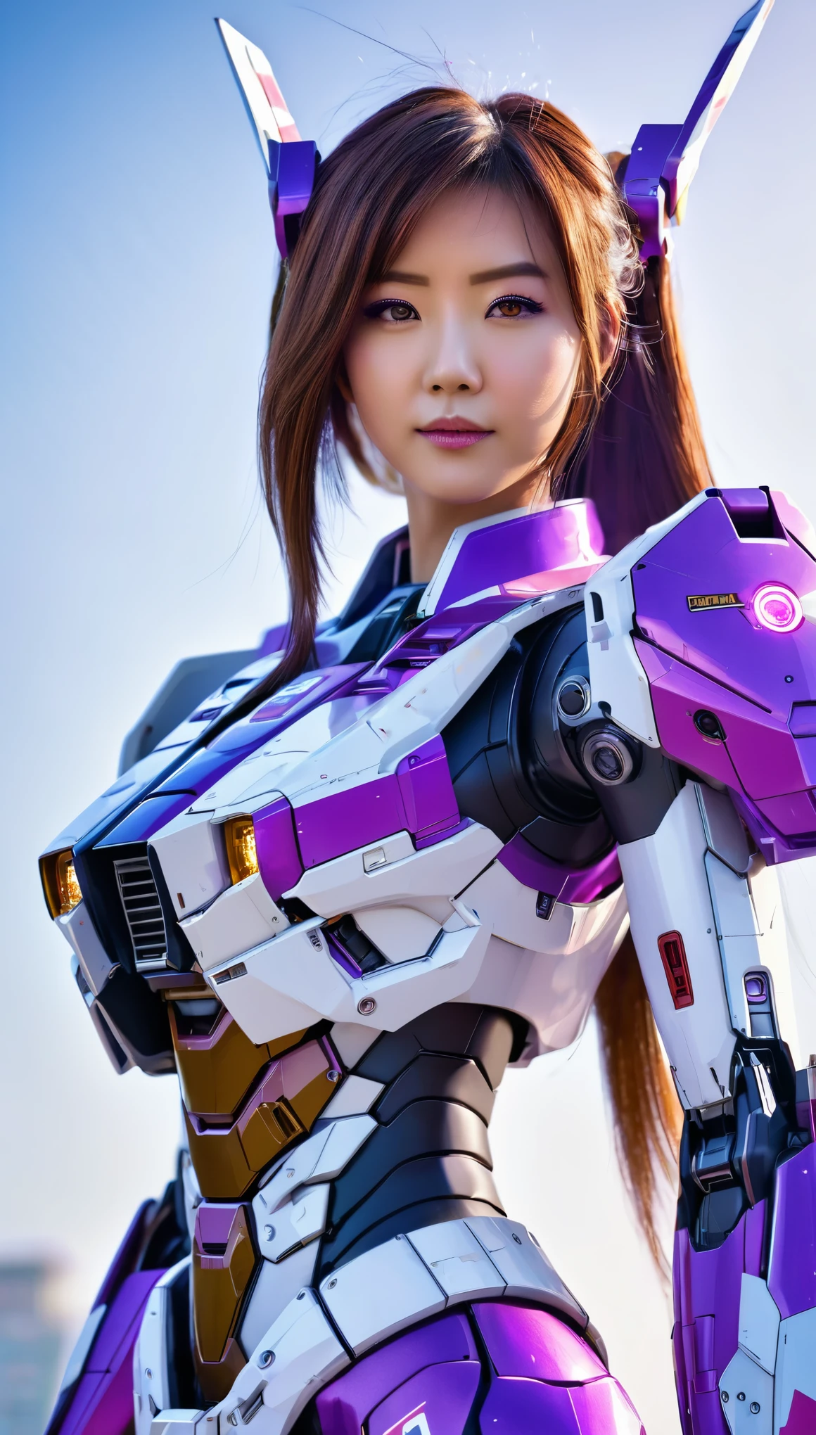 RAW, Masterpiece, Ultra Fine Photo,, Best Quality, Ultra High Resolution, Photorealistic, Sunlight, Full Body Portrait, Stunningly Beautiful,, Dynamic Poses, Delicate Face, wearing a mecha detector glass future transparent neon, Vibrant Eyes, a full body of a woman in a purple and white gundam custume, dybamic pose, long brown very very long hair rapunzel, girl in mecha cyber armor, portrait armored astronaut girl, d. va from overwatch, female mecha, on a gundam, gundam head, chiho aoshima color scheme, mobile suit, streamlined purple armor, fully robotic!! girl, realistic cosplay, gundam armor (dynamic pose) (best cameraview), full body, sit down, full body