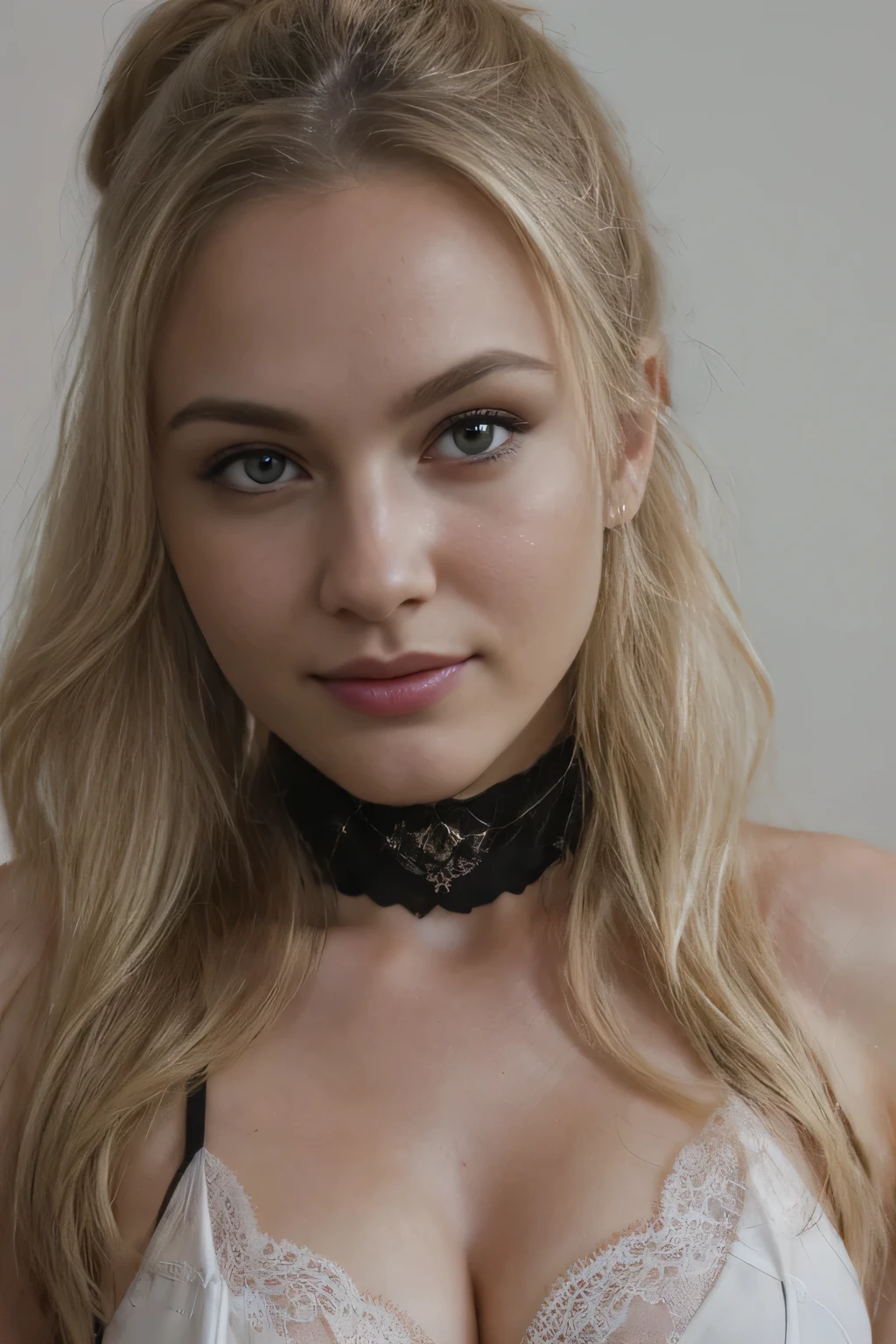 a medium shot of a blonde Instagram model, wearing sheer shirt, smirking, flirting with camera, closeup, bending