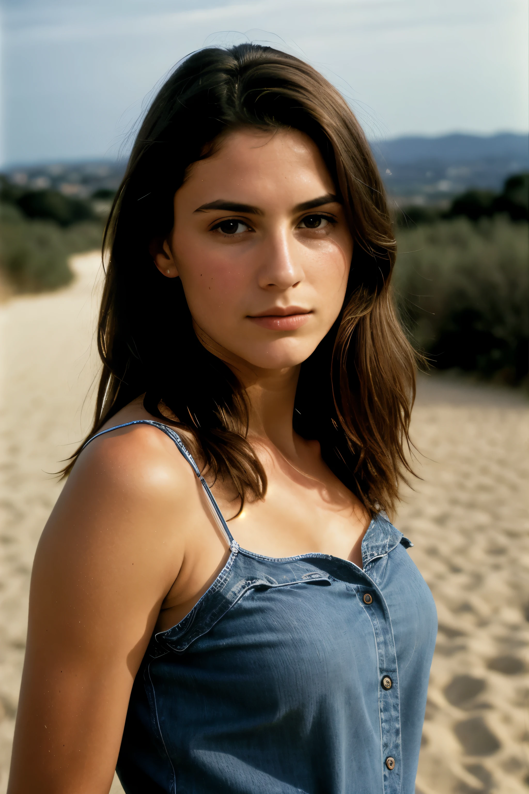 photographie d&#39;une femme, (Expression du visage), textured skin, longs cheveux bruns, chemise avec un jean, Selfie, sexy, se maquiller, Paysage de Lisbonne, yeux marrons parfaits, Prend en charge 160 couleurs, Shot on ARRI ALEXA 65, mise au point nette sur le sujet, filmé par Don McCullin, Realistic, salle de sport