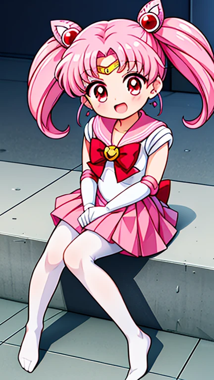 Sailor Moon，childhood，Young，Seven years old，Cute little loli，Pink hair twintails，red eyes，short hair，Sailor suit，bow tie，White elbow gloves，Red Skirt，sitting，no shoes，Open your mouth，laughing out loud，white pantyhose