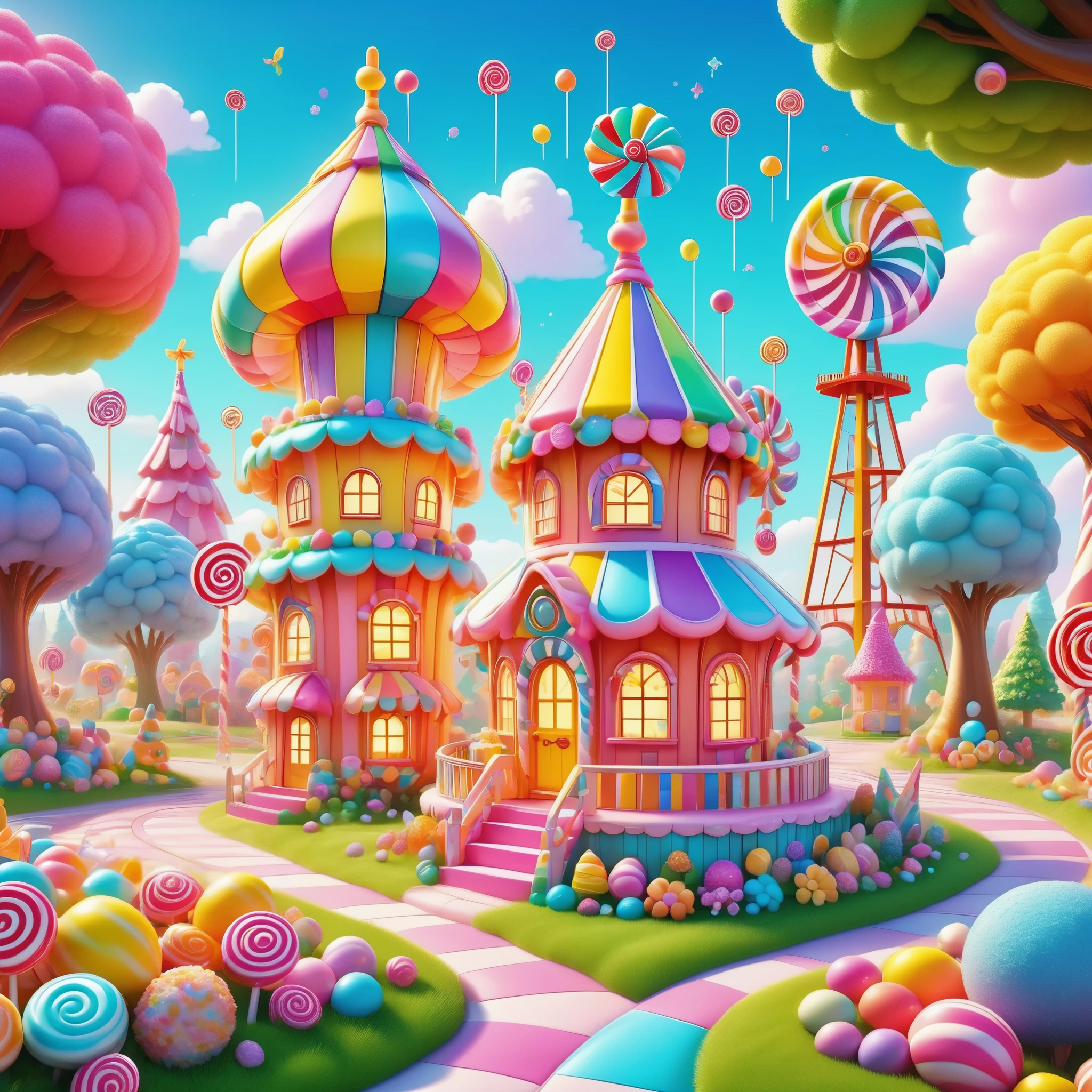 enchanted forest。candyland。Cake Castle。Candy Ferris Wheel。Candy Tree Candy Windmill，rich and colorful。colorful， cartoon style, led，Light，Little house made of candy, bright colors, High resolution, high quality, high detail, The art of math, fantasy, magic.