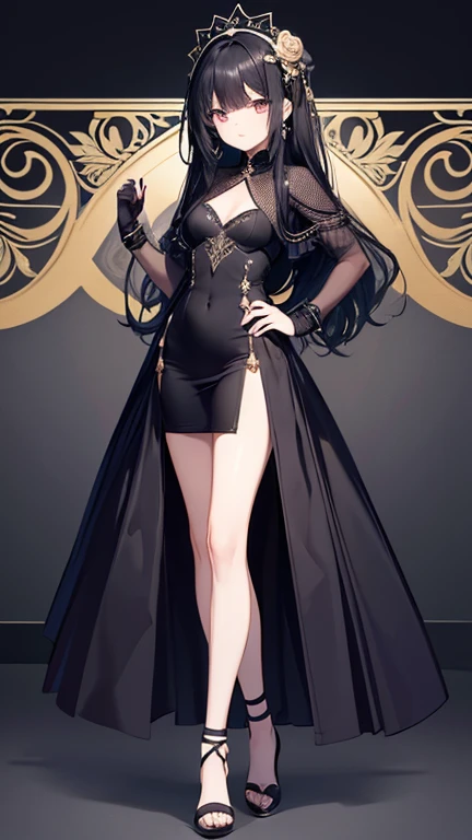 Garden, breast, large breasts, cleavage, navel, curvy, wide hips, gown, royal gown, princess, elbow gloves, thighhigh, highheels, skindentation, crown, long hair, black hair, long black hair, hair covering one eye, smirk