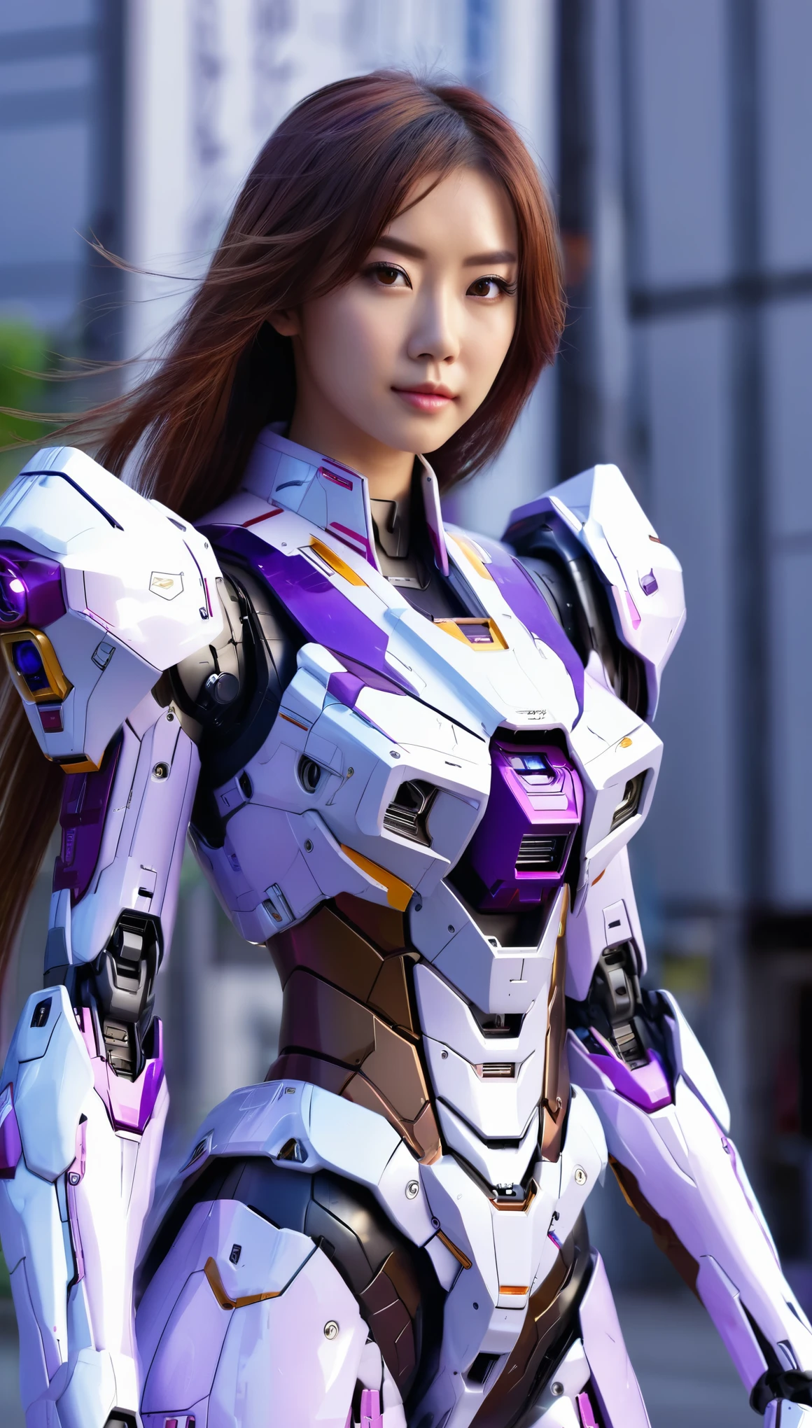 RAW, Masterpiece, Ultra Fine Photo,, Best Quality, Ultra High Resolution, Photorealistic, Sunlight, Full Body Portrait, Stunningly Beautiful,, Dynamic Poses, Delicate Face, wearing a mecha detector glass future transparent neon, Vibrant Eyes, a full body of a woman in a purple and white gundam custume, dybamic pose, long brown very very long hair rapunzel, girl in mecha cyber armor, portrait armored astronaut girl, d. va from overwatch, female mecha, on a gundam, gundam head, chiho aoshima color scheme, mobile suit, streamlined purple armor, fully robotic!! girl, realistic cosplay, gundam armor (dynamic pose) (best cameraview), full body, sit down, full body