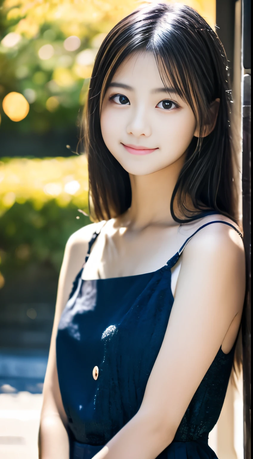 masterpiece, highest quality, 8K, , japanese girl, Raw photo, confused, award winning portrait, smile, smile, alone, , Summer , idol face, viola lace, gardenia, delicate girl, long black hair, black eye, Upper body, Digital single-lens reflex camera, looking at the viewer, Frank, Sophisticated, like々new, thin arms, professional lighting, film grain, chromatic aberration, (Eye and face details: 1.0), (Bokeh button:1.1)