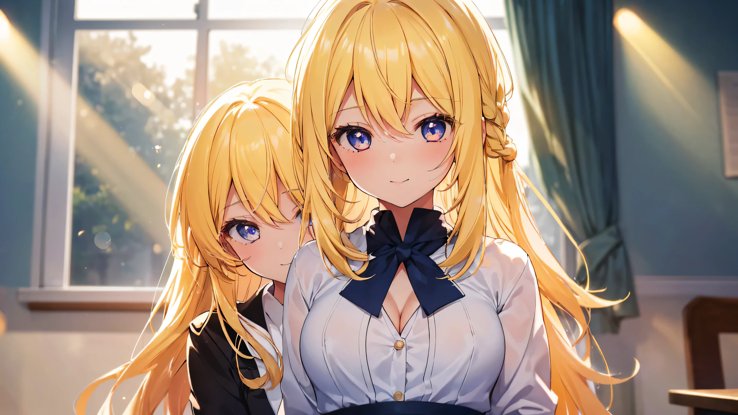 (2 girls, (())、stylish long hair, light yellow hair、color, fine eyes, Shining eyes, student of the heart, girl in school days), E-breast, cleavage, Christmas at home, Cute lightweight clothes, smile, mouth opened, hot, Exploiting lens flares, color aberration, high detail, anime, About art, Depth of the bounds written, motion blur, shining light, film grain, UHD, retina, Accurate, masterpiece, anatomically correct, rough skin, Super detailed, high details, high quality, Award history, 最high quality, High resolution, 16k