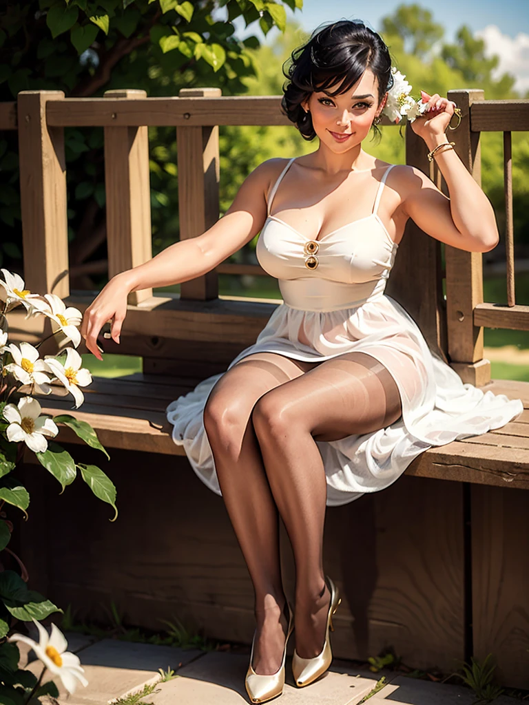 woman, 32 years-old,vintage pin-up,black hair,bangs,ponytail,little smile,fence soft white flowery dress,pantyhose,studio lights