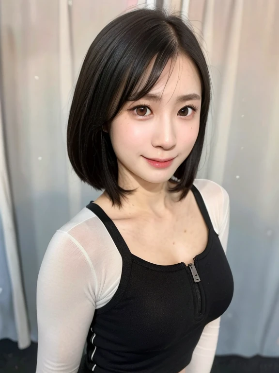 (kawaii 24 year-old Japanese girl, Nogizaka idol, Korean idol), healthy female athlete, figure skater, (glossy black hair, messy very short hair, messy pixie cut, symmetric hair length, even length hair edges:1.3), (bangs), (rounded face, black eyes, single eyelid, no makeup, soft smiling:1.2), (wearing long sleeved black training half zip tops:1.3), (flat chest, extra small breasts:0.8), black sports leggings, (looking at viewer:1.2), BREAK, (ice skate arena background:1.3), (dynamic angle:1.3), face focus, BREAK, (masterpiece, best quality, photo realistic, official art:1.4), (UHD, 8K quality wallpaper, high resolution, raw photo, golden ratio:1.2), (shiny skin), professional lighting, physically based rendering, award winning, (perfect anatomy, highly detailed skin, extremely detailed face and eyes), Carl Zeiss 300 mm F/2.8, depth of field, 1girl, solo,