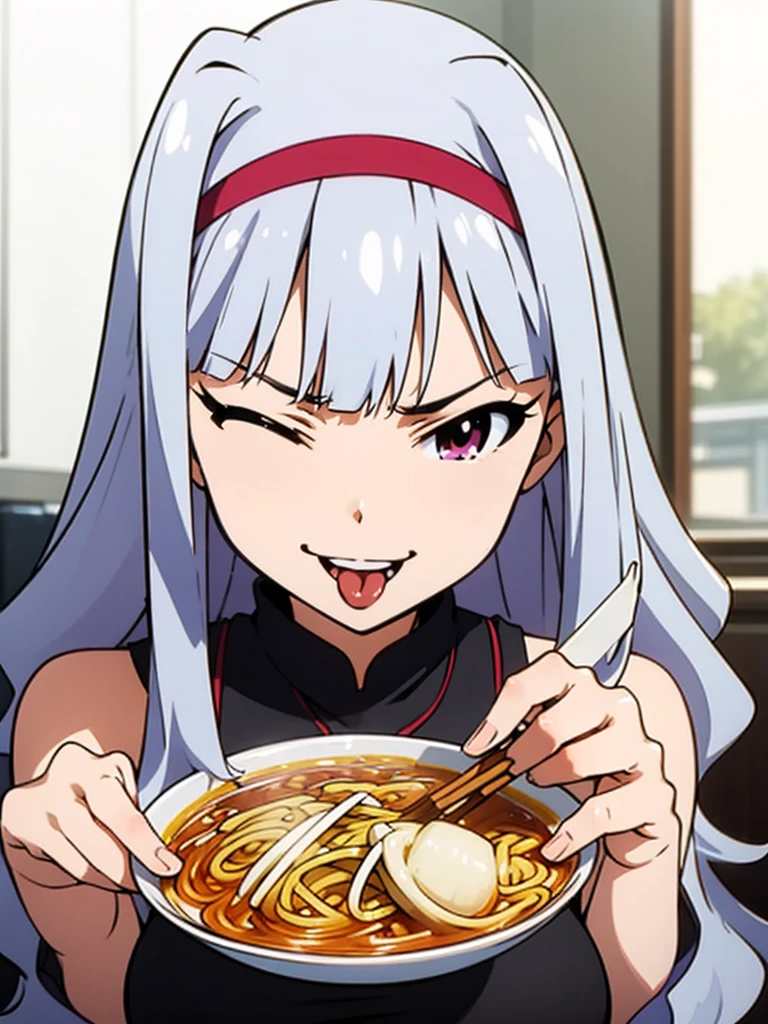 nsfw,high quality, best quality, masterpiece, ultra-detailed, extremely fine, ((A girl she eating ramen noodles and her whitened tongue sticks out)) holding chopsticks, ((white color ramen)) blushed cheeks, (((smiling))) (one eye closed, long waviy silver hair, purple eyes,headband, completely nude),in a Chinese restaurant,girl, solo, breasts, smile, open_mouth, bangs, large_breasts, silver_hair, holding, purple_eyes, nipples, upper_body, nude, (food, Rahmen,cup, table, plate, bowl, chopsticks, pov_across_table, Chinese restaurant), BREAK 2D, 8k, highres, masterpiece, super fine illustration, photo background, insanely detailed, perfect fingers, nice hands, perfect hands,((cum on body:1.9, cum on hair:1.9. cum on face:1.9, cum on mouths:1.3,cum on table 1.9)),multiple boys, peeing on a girl, facial, cum on mouth, cum on body, multiple penises, gangbang,holding penis))),ecstasy torogao, saliva trail, nose blush,smile,eat cum,open mouths,