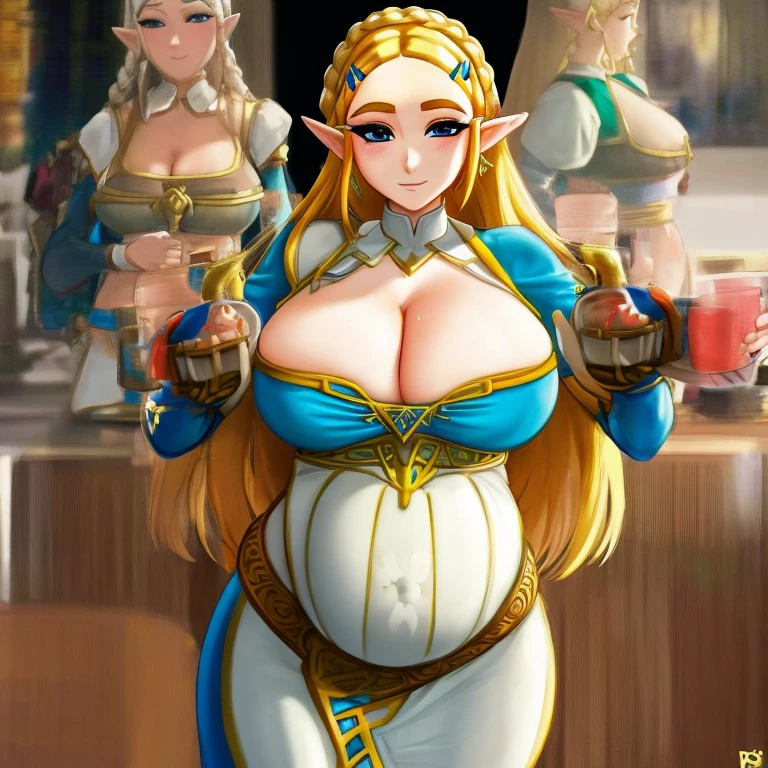 Pregnant, sexy, beautiful, princess Zelda, massive cleavage, gigantic breasts, massive abdomen, massive buttocks,