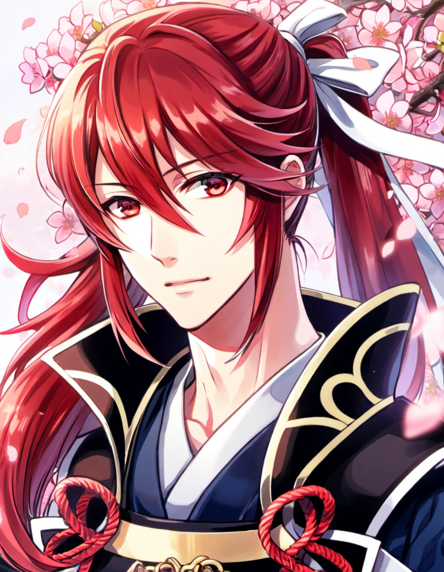 Ultra detailed, highres, absurdres, HDR, Subaki, red eyes, red hair tied in a pony tail, Fire Emblem Fates, 1 man only, handsome, petals, pink leaves, spring, white feathers