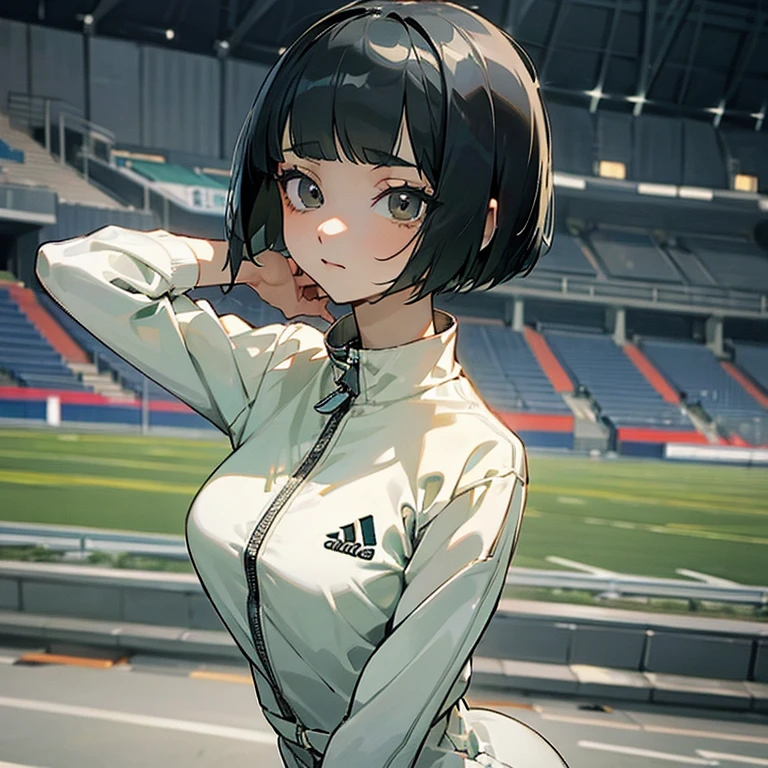 masterpiece、delicate details、tracksuit、Adidas Clothing(zip up)、big breasts、thin waist、athlete、While taking off my clothes、Slender beauty、Your face is so cute、Bangs Patsun、Cropped bob cut、spats、long eyelashes、Big eyes、athletics stadium、