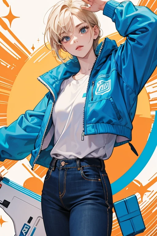 Apple wears a blue jacket, blue pants and white shoes. SPARKLE; GLITTER