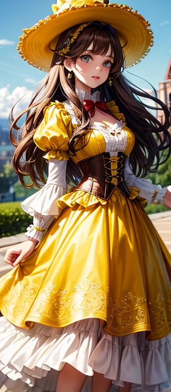 Woman princess, has honey brown hair, wears a flowered hat tied to a ribbon, yellow corset, is wearing a yellow dress with ruffles and a long skirt, with a gray satin cape and has emerald green eyes, realistc style