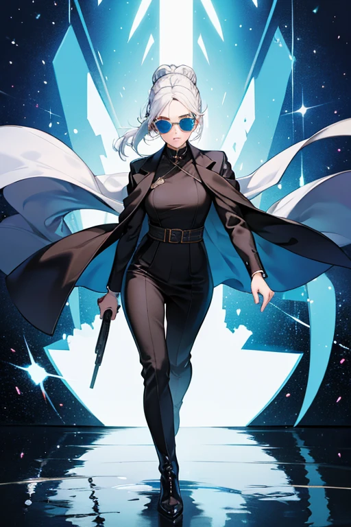 Blu-ray has solid white hair in a Bun style, she wears a sleek pair of blue sunglasses, that are particularly reflective. Her attire consists of a full-black woman's business suit, notably buttoned up, other than the suit she has a pair of brown boots. At the start of Meet the Seer she is seen wearing a brown robe along with HD-DVD. SPARKLE; GLITTER