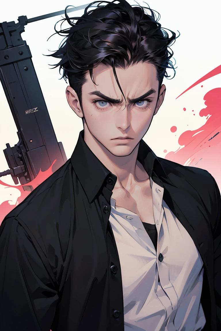 (absurdres, highres, ultra detailed, anime style), 1boy, High boy, handsome, tall guy, finely detailed black eyes and face, angry expressions, black hair, Quiff hair, black color eyes, casual shirt, black portrait,