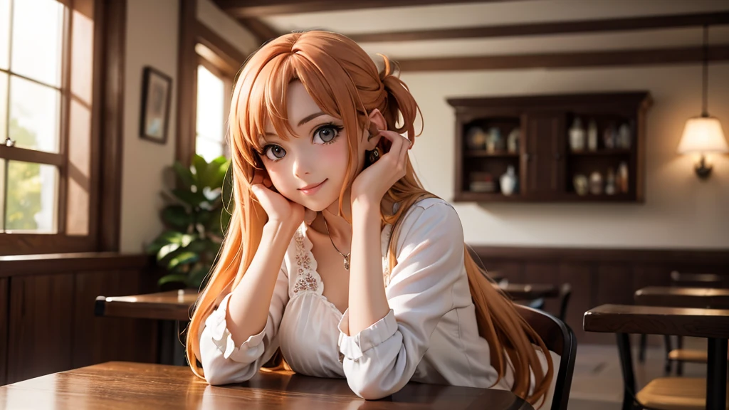 masterpiece, best quality, (realistic,photo-realistic:1.4), (RAW photo:1.2), extremely detailed CG unity 8k wallpaper, delicate and beautiful, amazing,finely detail, official art, absurdres, incredibly absurdres, huge filesize, ultra-detailed,extremely detailed eyes and face,light on face,(little smile),asuna yuuki,(caramel hair:1.4),(long hair:1.6),(bedroom background:1.4),(wearing white shirt:1.5),black shorts,spread legs,bedroom