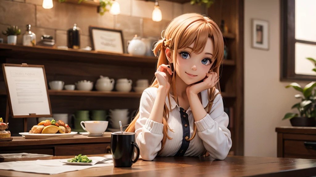 (original photo, best quality), 1 girl,  Asuna, natural lighting, Upper body, cafes, Smile,
Satosh Khan Art Style