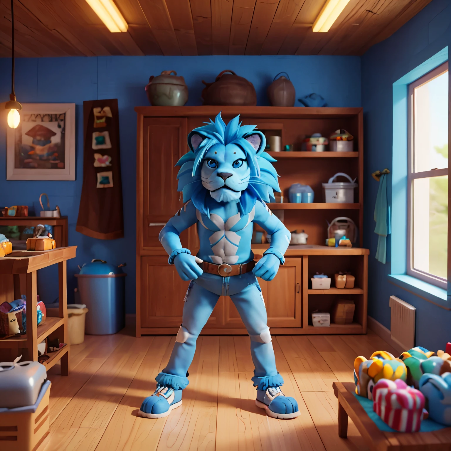 professional 3d model {a blue-haired mutant lion in a candy shack} . octane render, highly detailed, volumetric, dramatic lighting"
