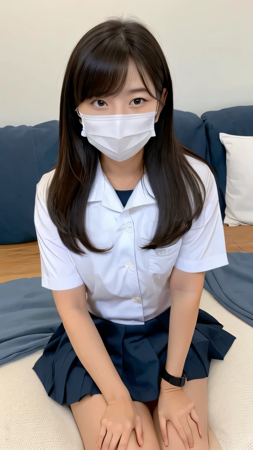(masterpiece:1.2), japanese, (18 years old), (a girl), , (((school uniform))), (mouth mask), short sleeves, windows, large tits, (((a girl is straddling on a pillow))), (full body),