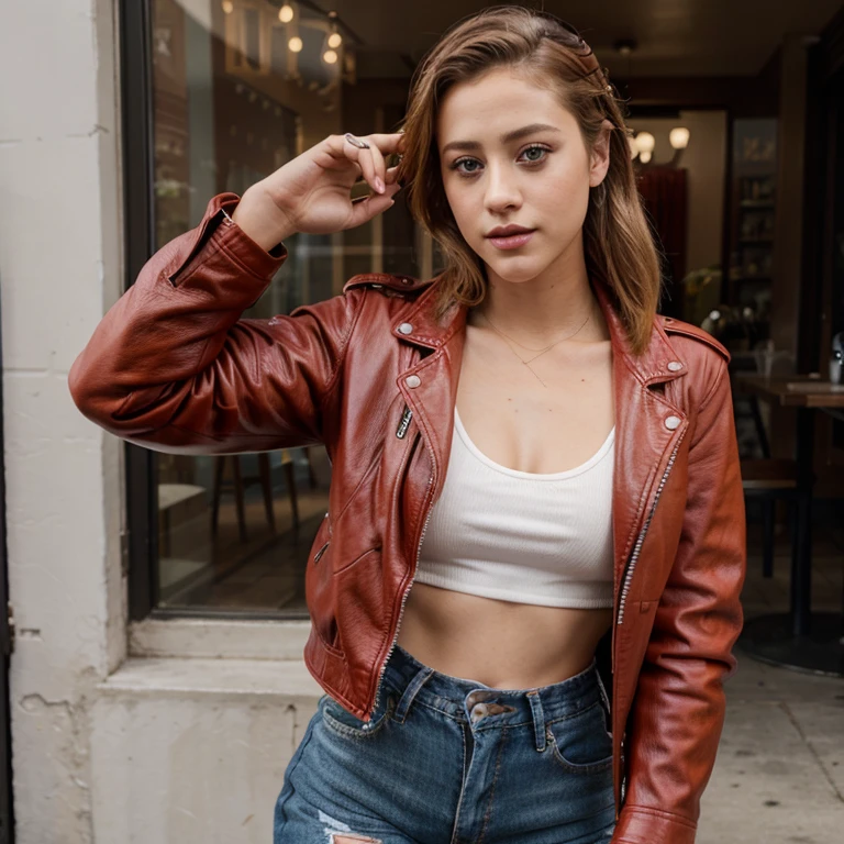 Lili Reinhart dressed in red leather jacket and ripped jeans