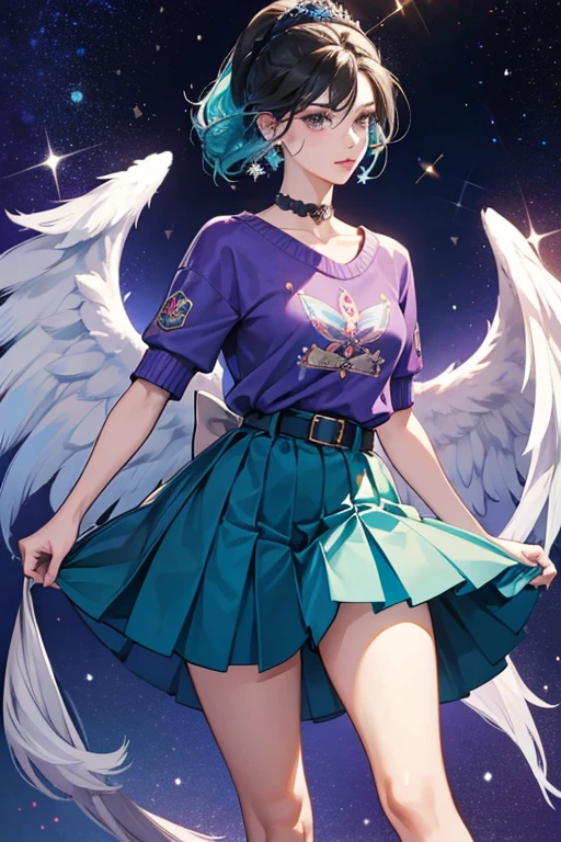 Celia has fair skin and long eyelashes. She has naturally dark hair with shaved sides, as well as longish teal hair on top her head.
She typically wears a purple t-shirt with a wide collar, a grey pleated skirt, a purple belt/sash, long white socks, and dark shoes. She also carries a red purse. In "Merry Christmas Mordecai," she wears a blue Christmas sweater with an angel print over her regular shirt. SPARKLE; GLITTER