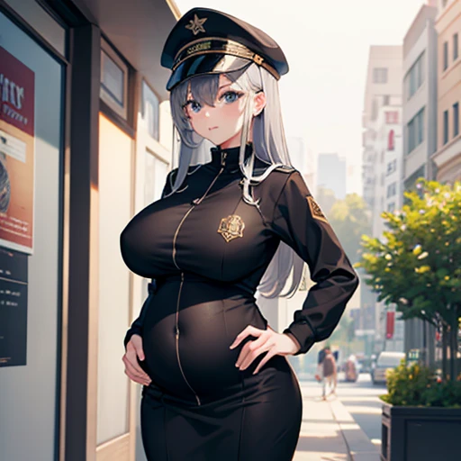 top quality、high resolution、standing pictures、a beautiful girl、woman、College black clothes with school cap、Glossy and fine gray hair、Decorative luxury black military uniform、Poker face、no feeling、elegant、Gorgeous、elegant、a sexy、nice,Pregnant, huge breasts