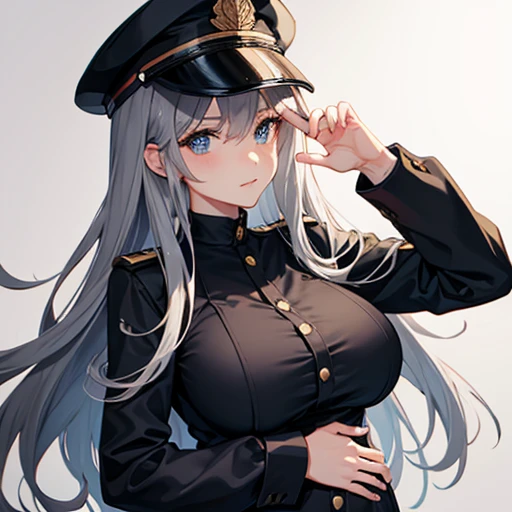 top quality、high resolution、standing pictures、a beautiful girl、woman、College black clothes with school cap、Glossy and fine gray hair、Decorative luxury black military uniform、Poker face、no feeling、elegant、Gorgeous、elegant、a sexy、nice,Pregnant, huge breasts