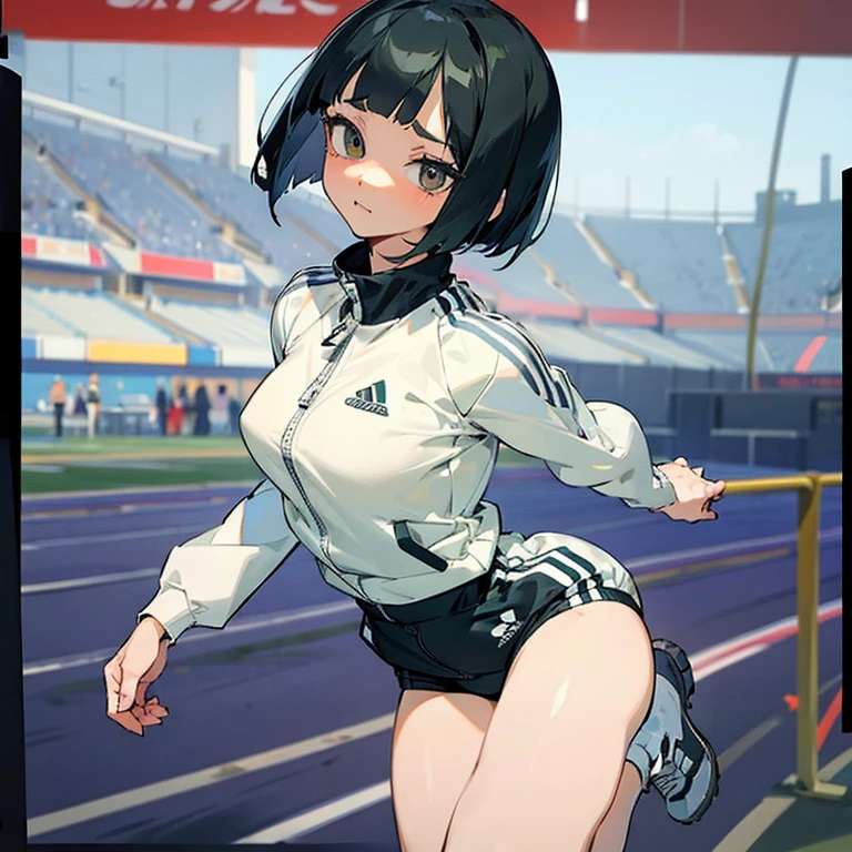 masterpiece、delicate details、tracksuit、Adidas Clothing（zip up）、big breasts、thin waist、athlete、While taking off my clothes、Slender beauty、Your face is so cute、Bangs Patsun、Cropped bob cut、spats、long eyelashes、Big eyes、athletics stadium、beautiful legs